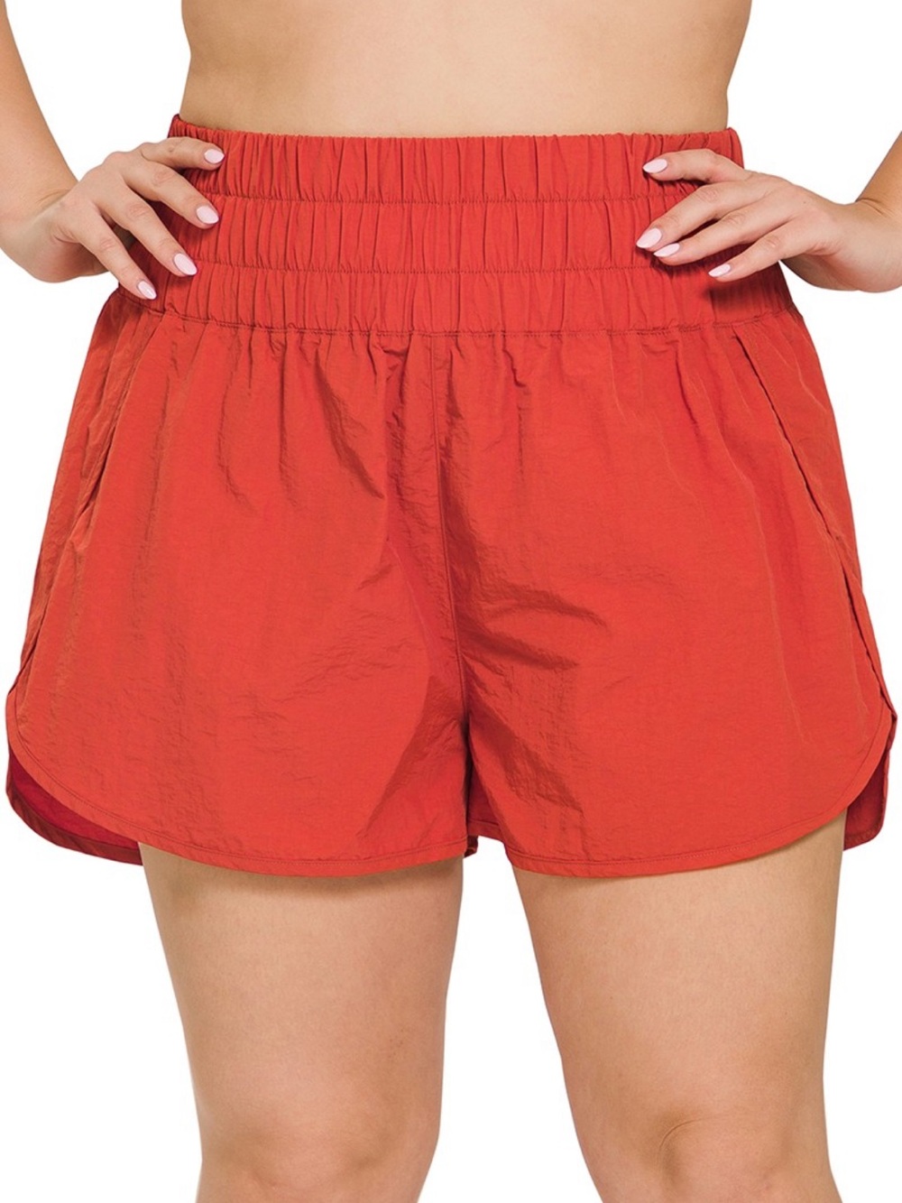 Zenana Windbreaker Smocked Waistband Nylon Running Shorts Copper Plus Size 1X